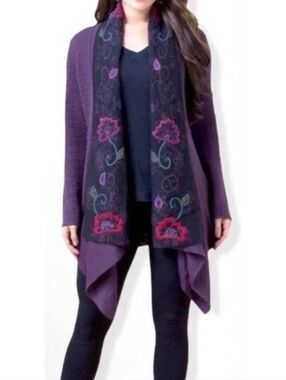 Peruvian Link Alpaca Collection Purple Embroidered Waterfall Cardigan Boho Hippy